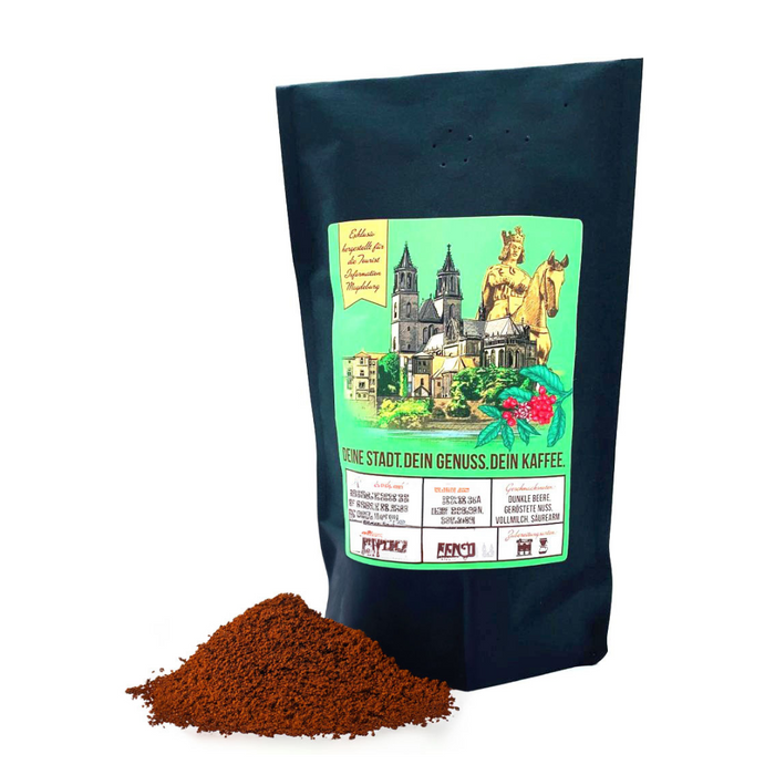 Verpackung von Magdeburg Kaffee, 250g gemahlen, mit Bild der Stadt Magdeburg und Kaffee. Hochwertige Kaffeebohnen aus exklusiver Komposition.