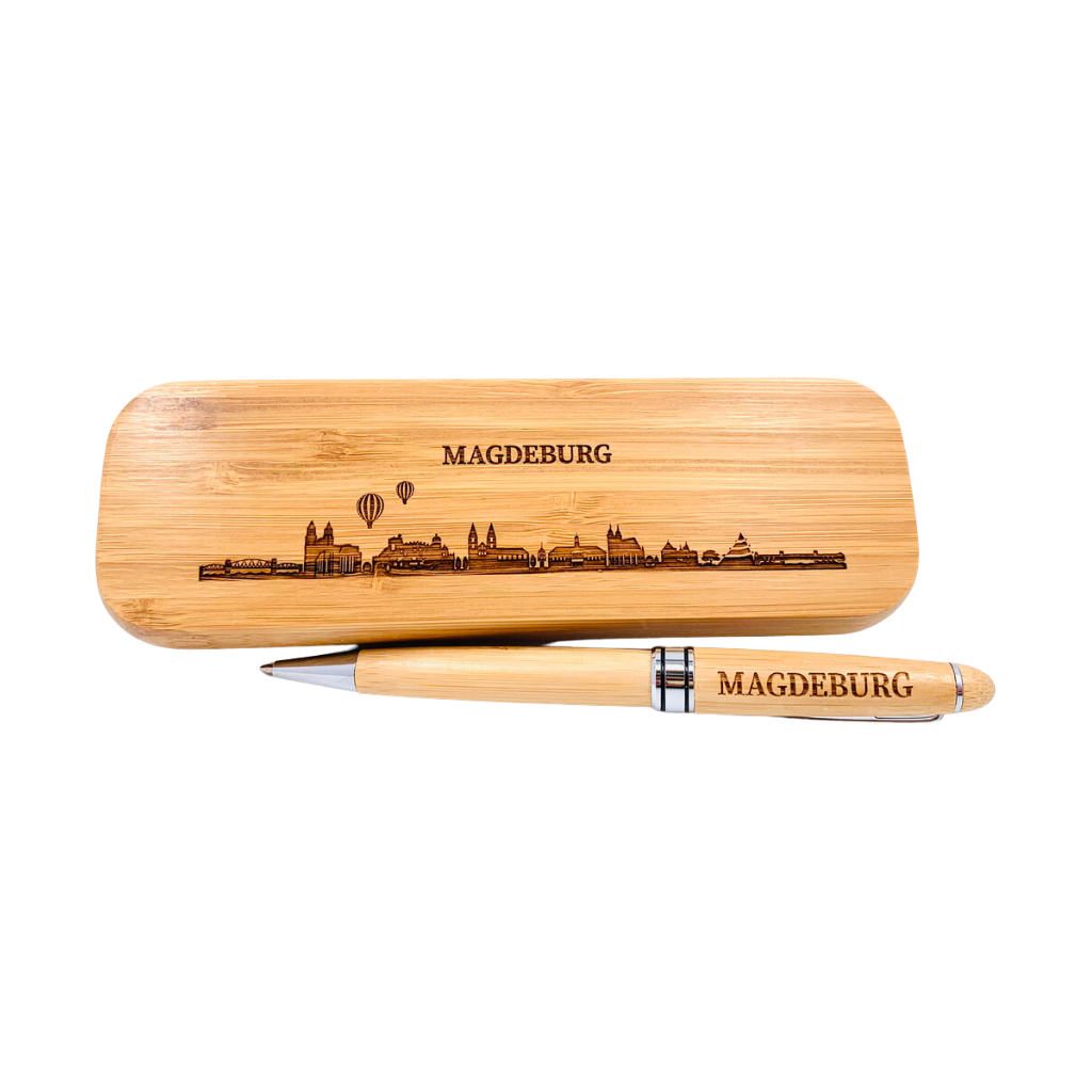 "Magdeburger Skyline"-Kugelschreiber-Set aus Bambus