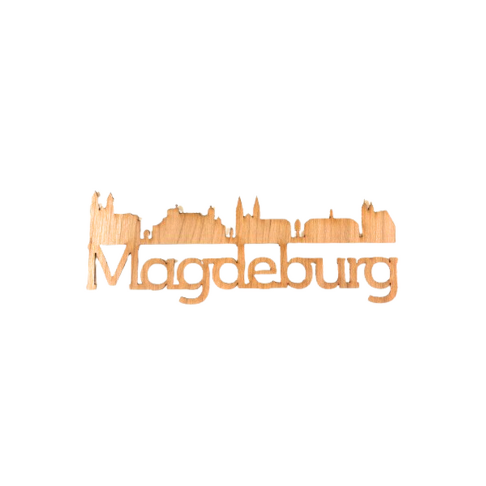 Holz-Skyline Aufkleber mit Schriftzug 'Magdeburg', zeigt die charakteristische Silhouette der Stadt im Holzdesign aus dem Magdeburg-Shop.