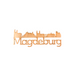 Holz-Skyline Aufkleber mit Schriftzug 'Magdeburg', zeigt die charakteristische Silhouette der Stadt im Holzdesign aus dem Magdeburg-Shop.