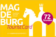 Magdeburg Tourist Card mit Symbol für 72 Stunden, gelber Hintergrund, Stadtsilhouette und Schriftzug 'Stadtleben, Aktivität, Historie'.